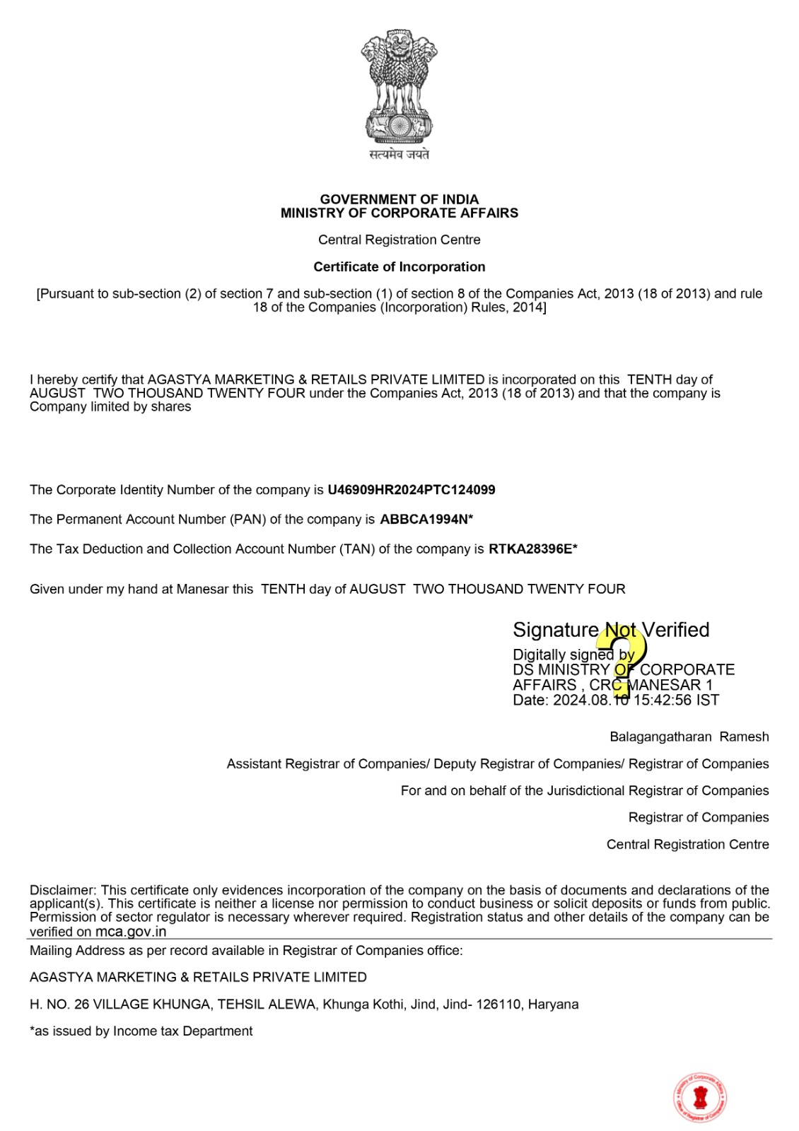 CERTIFICATE OF INCORPORATION